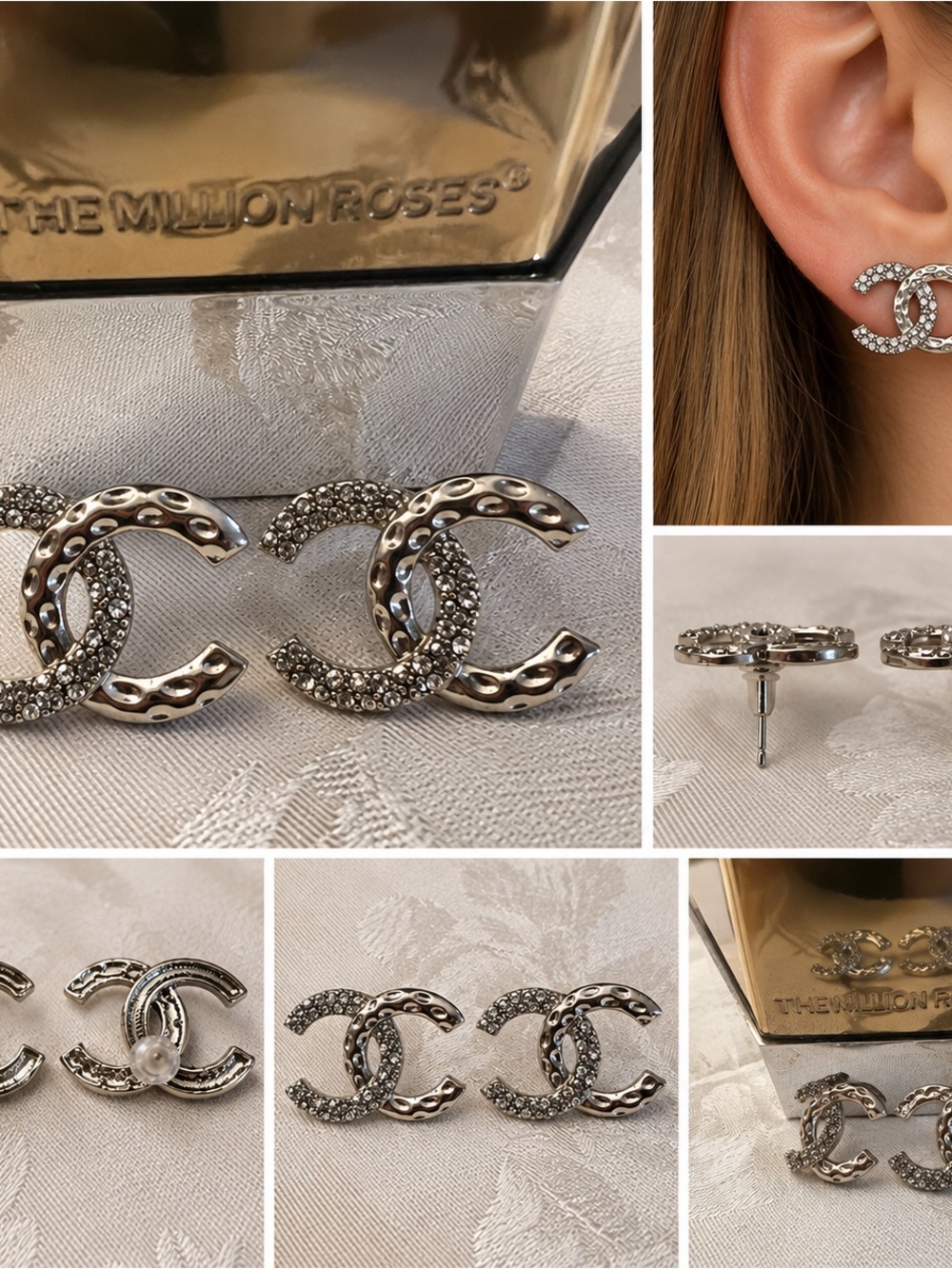 Silver Crystal Interlocking CC Stud Earrings